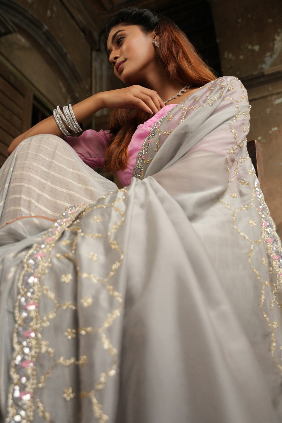 Twilight Enchantment: Grey Organza Silk Saree with Sequins, Katdana & Zarkan Artistry