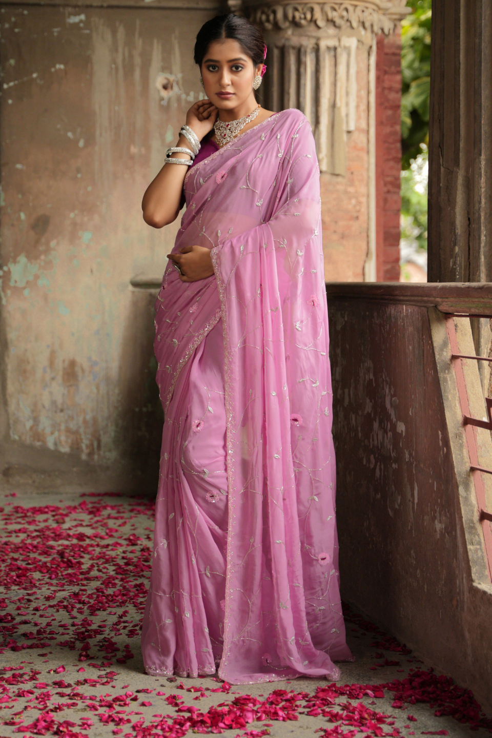 Pink Organza Silk Saree with Jaal Work & Contrasting Blouse