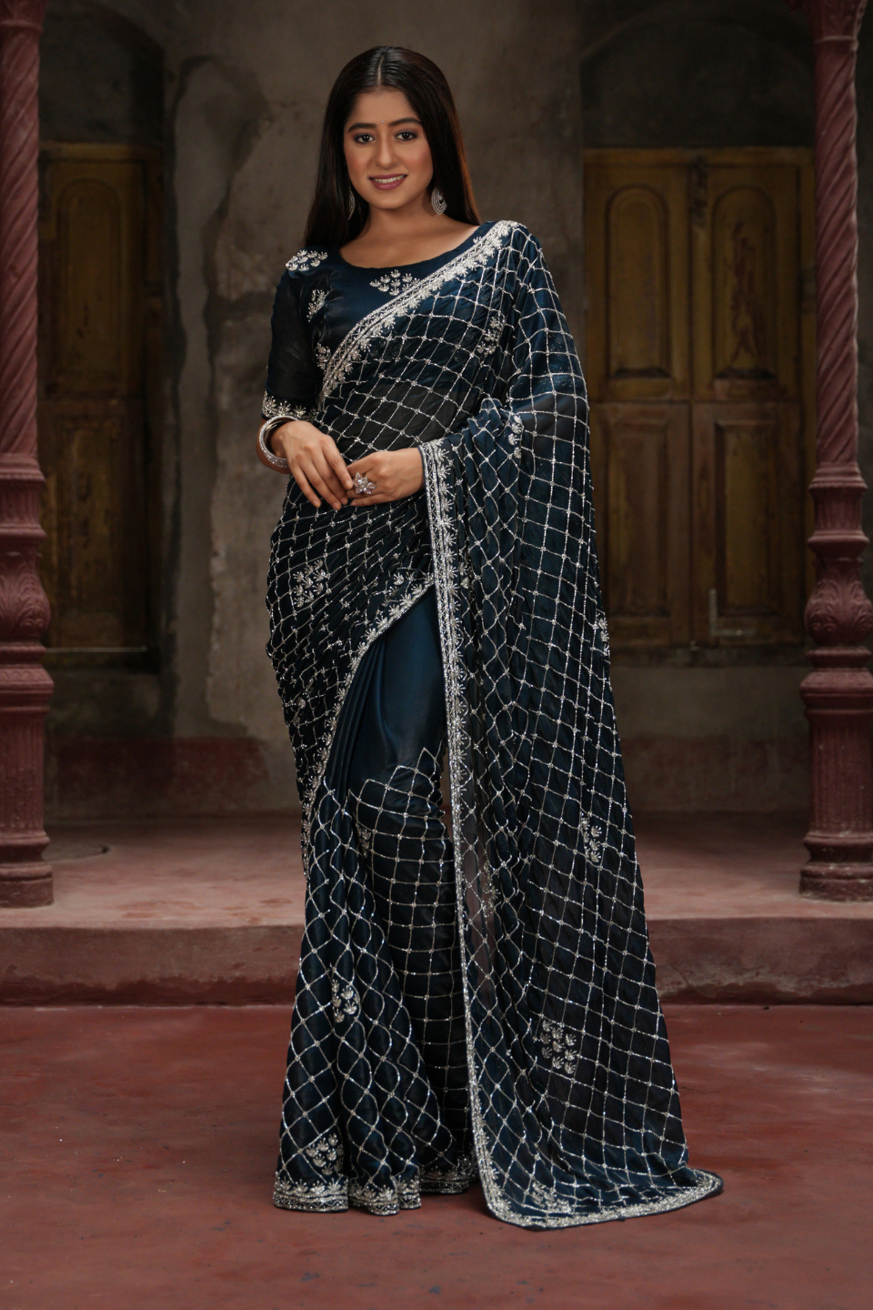 Captivating Turquoise Blue Saree with Heavy Checks Jaal & Buta on Tissue Fabric