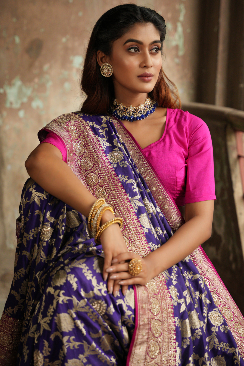 Royal Tapestry: Purple-Blue Banarasi Silk Saree with Rani Border & Zardozi Embellishments