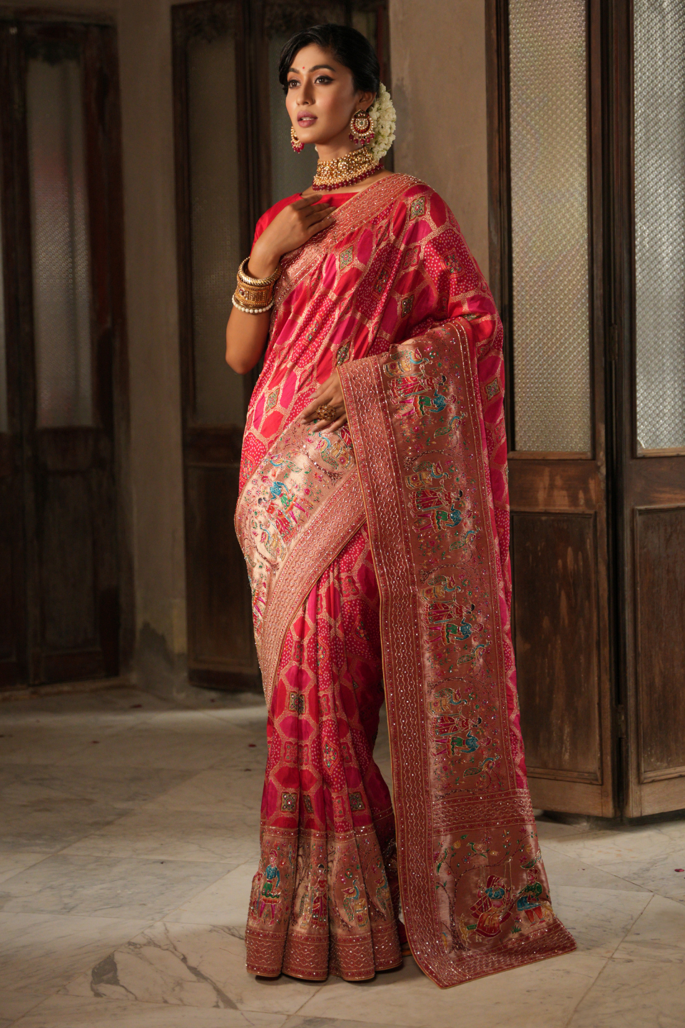 Desert Rose Allure: Gajri Khaddi Silk Saree with Hand Embroidery & Meena Work