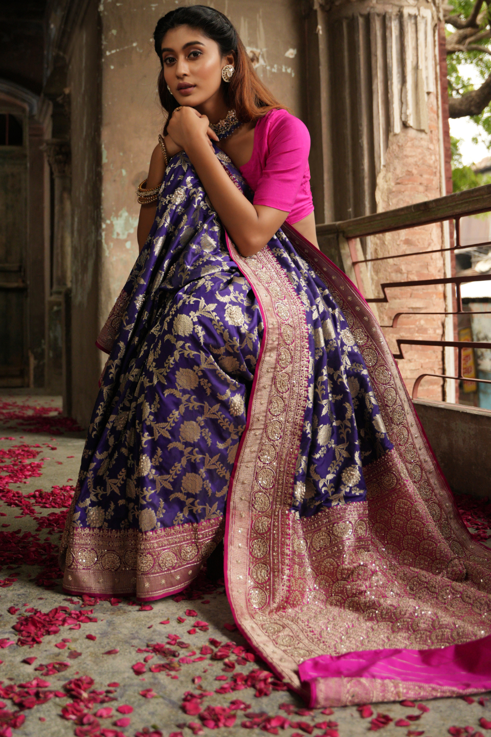 Royal Tapestry: Purple-Blue Banarasi Silk Saree with Rani Border & Zardozi Embellishments