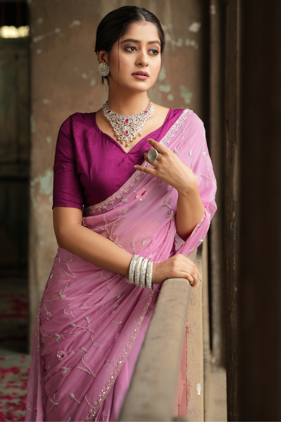 Pink Organza Silk Saree with Jaal Work & Contrasting Blouse