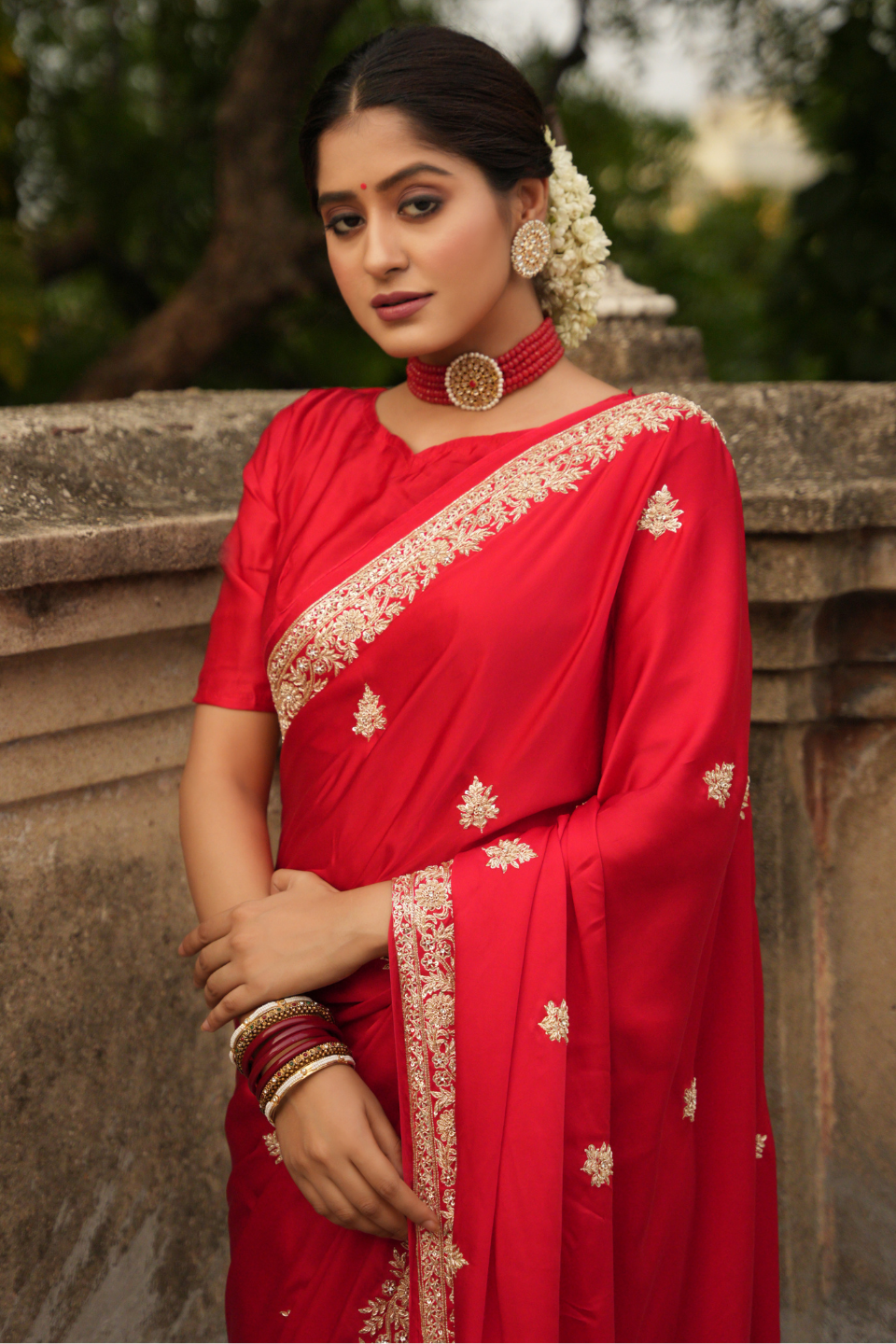 Scarlet Splendor: Red Satin Silk Saree with Zardozi Border & Buti Embellishments