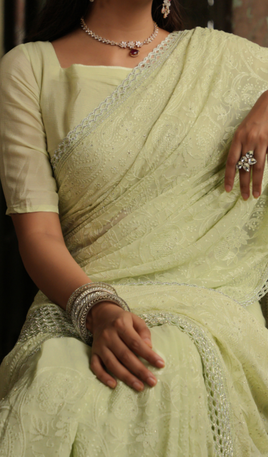 Verdant Charm: Lime Green Georgette Saree with Exquisite Lucknowi Work & Cutwork Border