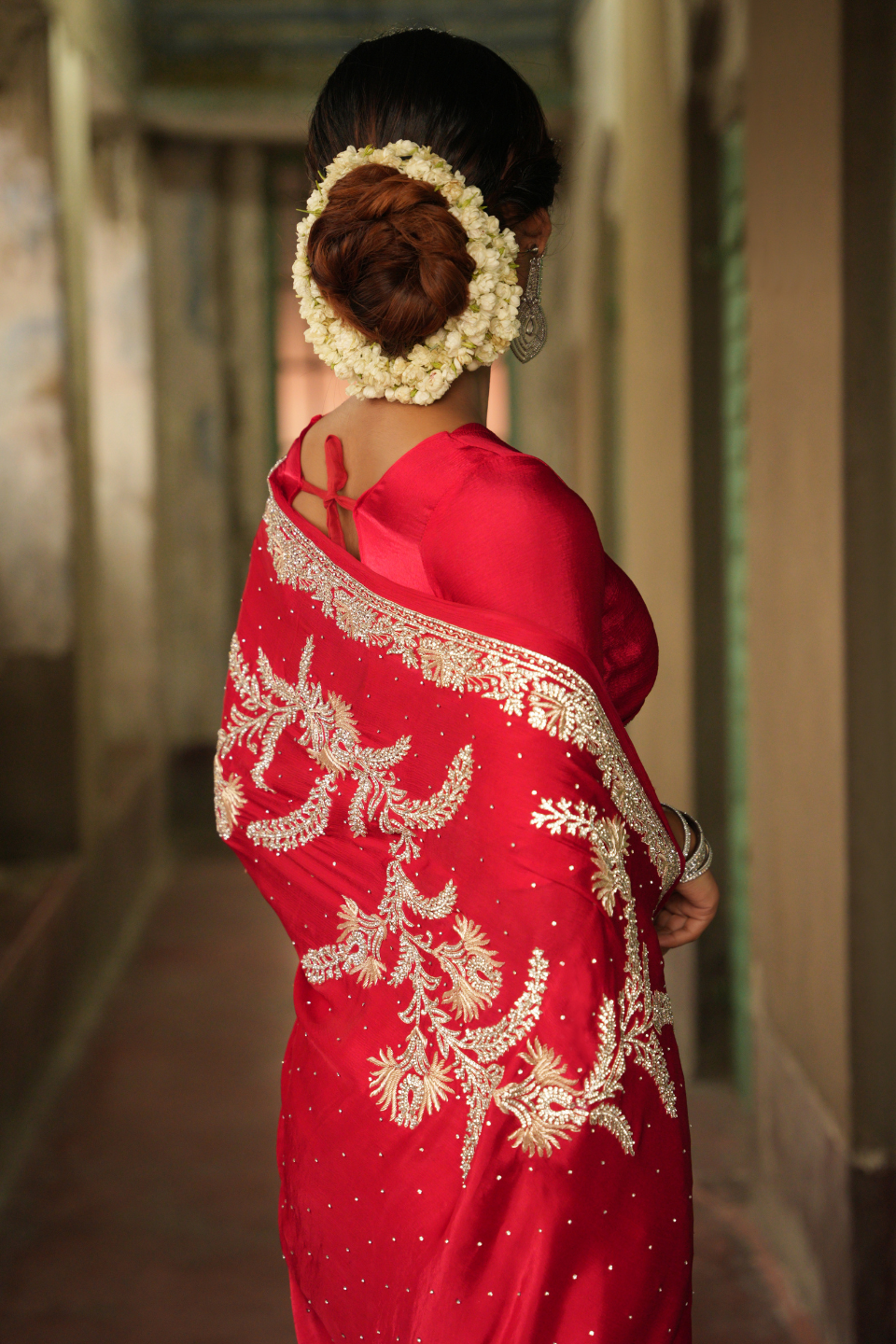 Scarlet Symphony: Red Chinnon Satin Saree with Zardozi & Zarkan Embellishments