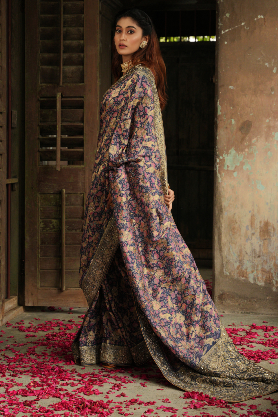 Enchanted Elegance: Moffish Blue Khaddi Silk Saree with Zardozi Brilliance & Digital Artistry