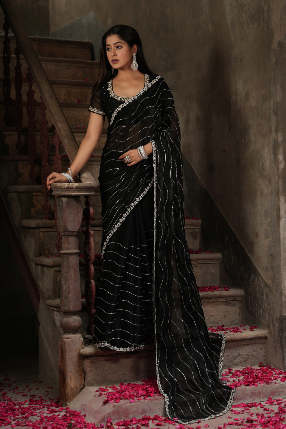 Majestic Black Saree with Heavy Horizontal Lines & Nine Yard Zarkan Border on Organza Tissue