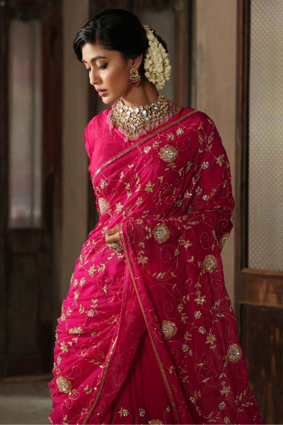 Regal Rhapsody: Dark Pink/Rani Georgette Saree with Jaal Design & Sequins-Katdana Border