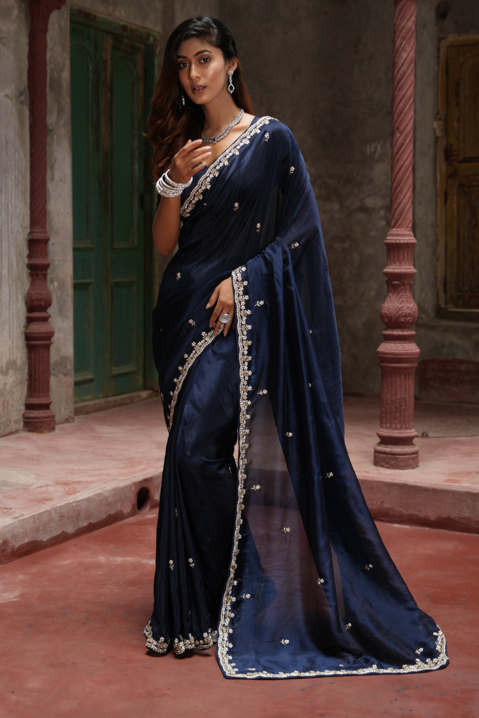 Stunning Navy Blue Saree with Fine Zardozi, Pearl & Zarkan Embellishments on Organza Tissue