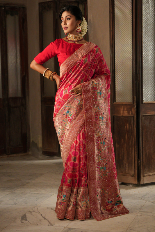 Desert Rose Allure: Gajri Khaddi Silk Saree with Hand Embroidery & Meena Work