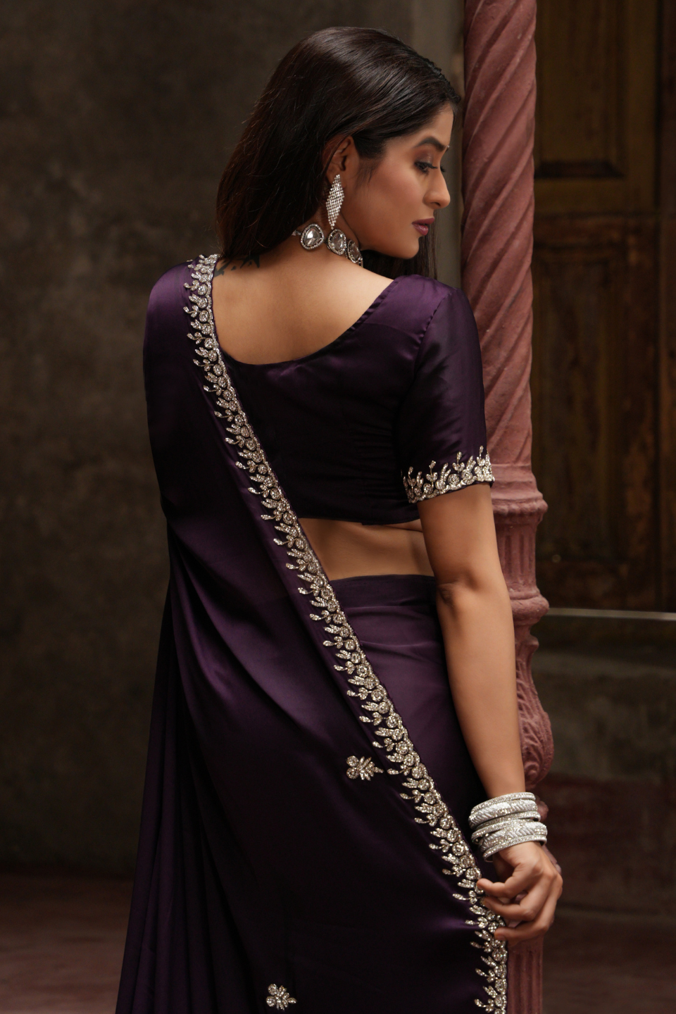 Regal Purple Saree with Heavy Zarkan & Cutdana Work on Satin Fabric