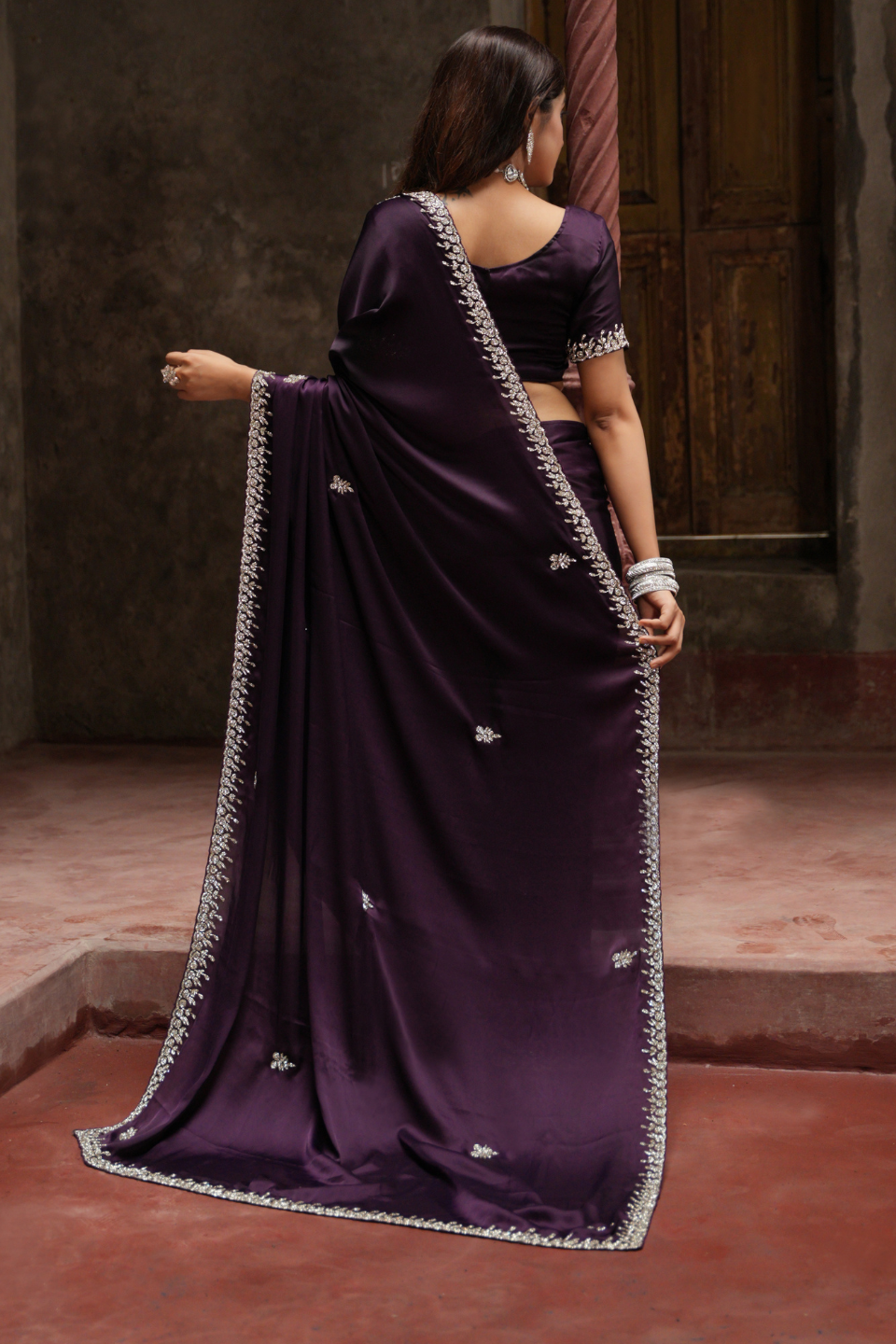 Regal Purple Saree with Heavy Zarkan & Cutdana Work on Satin Fabric