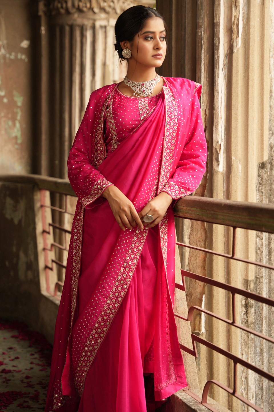 Regal Radiance: Dark Pink/Rani Organza Saree with Cutdana & Sequins Embellishments