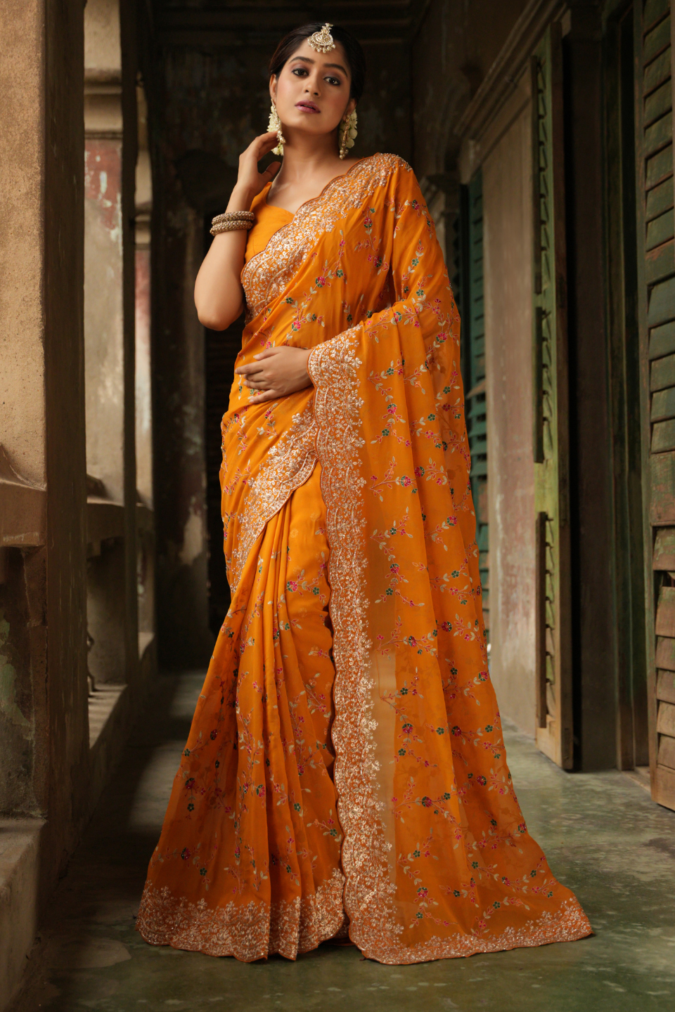 Golden Radiance: Mustard Yellow Georgette Saree with Zari Border & Resham Jaal