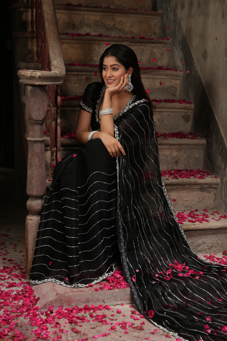 Majestic Black Saree with Heavy Horizontal Lines & Nine Yard Zarkan Border on Organza Tissue