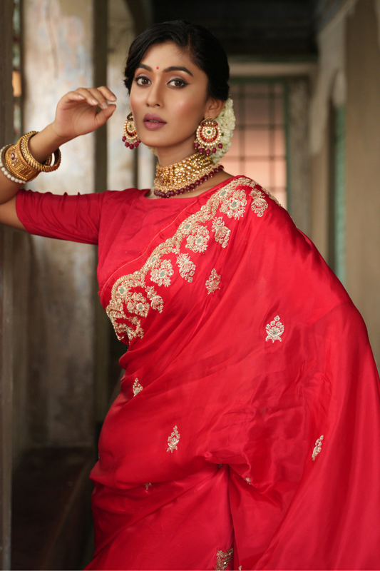 Ruby Radiance: Red Satin Silk Saree with Zardozi Border & All Over Buti