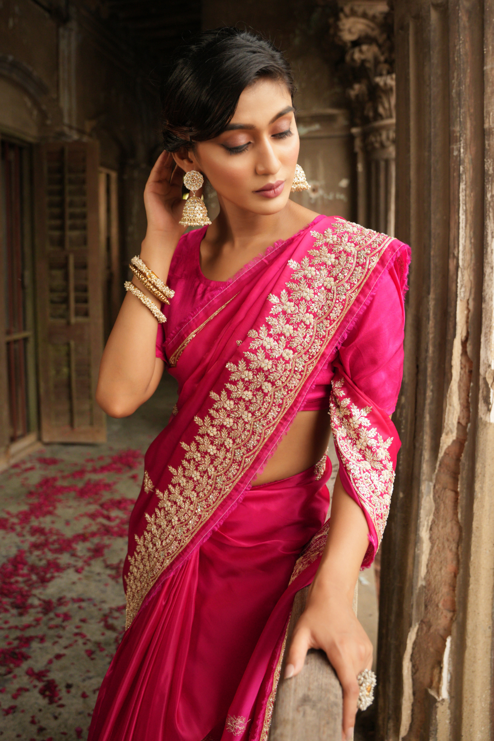 Royal Allure: Dark Pink/Rani Tissue Organza Saree Adorned with Pure Zardozi Buti