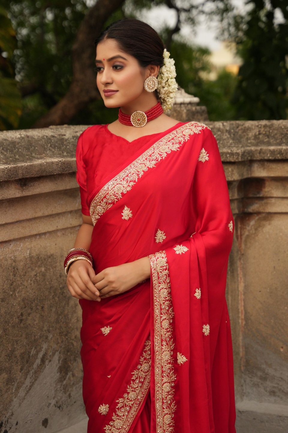 Scarlet Splendor: Red Satin Silk Saree with Zardozi Border & Buti Embellishments