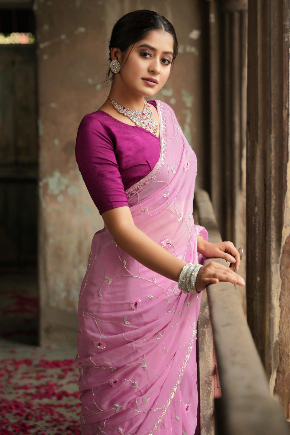 Pink Organza Silk Saree with Jaal Work & Contrasting Blouse