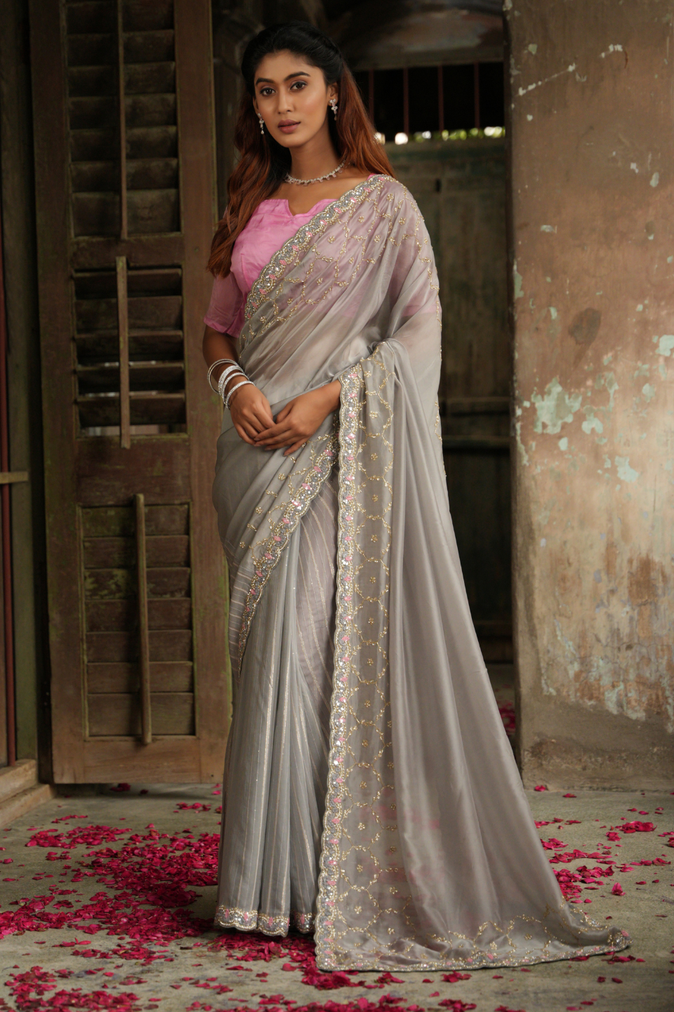 Twilight Enchantment: Grey Organza Silk Saree with Sequins, Katdana & Zarkan Artistry