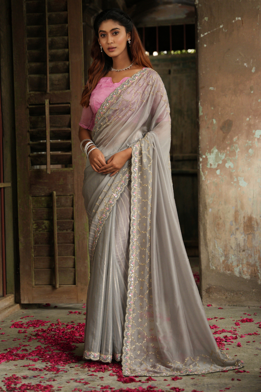 Twilight Enchantment: Grey Organza Silk Saree with Sequins, Katdana & Zarkan Artistry