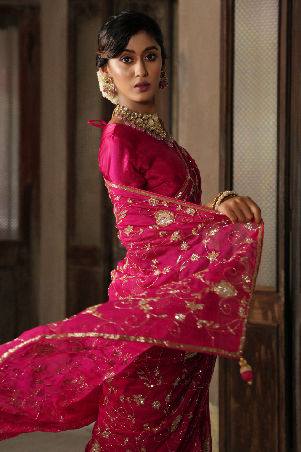 Regal Rhapsody: Dark Pink/Rani Georgette Saree with Jaal Design & Sequins-Katdana Border