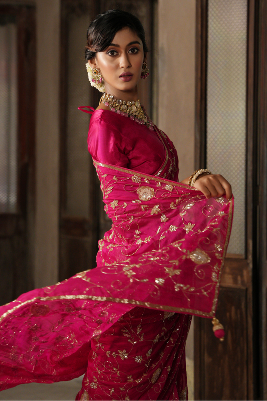 Regal Rhapsody: Dark Pink/Rani Georgette Saree with Jaal Design & Sequins-Katdana Border