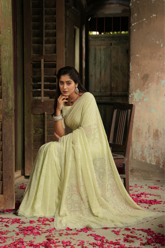 Verdant Charm: Lime Green Georgette Saree with Exquisite Lucknowi Work & Cutwork Border