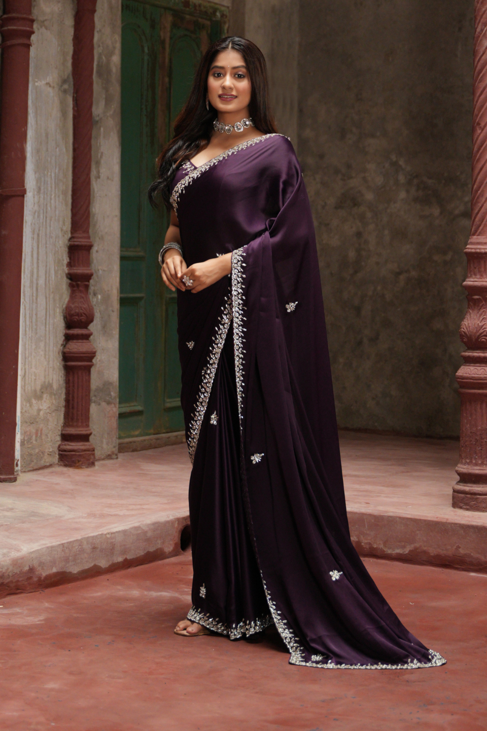 Regal Purple Saree with Heavy Zarkan & Cutdana Work on Satin Fabric
