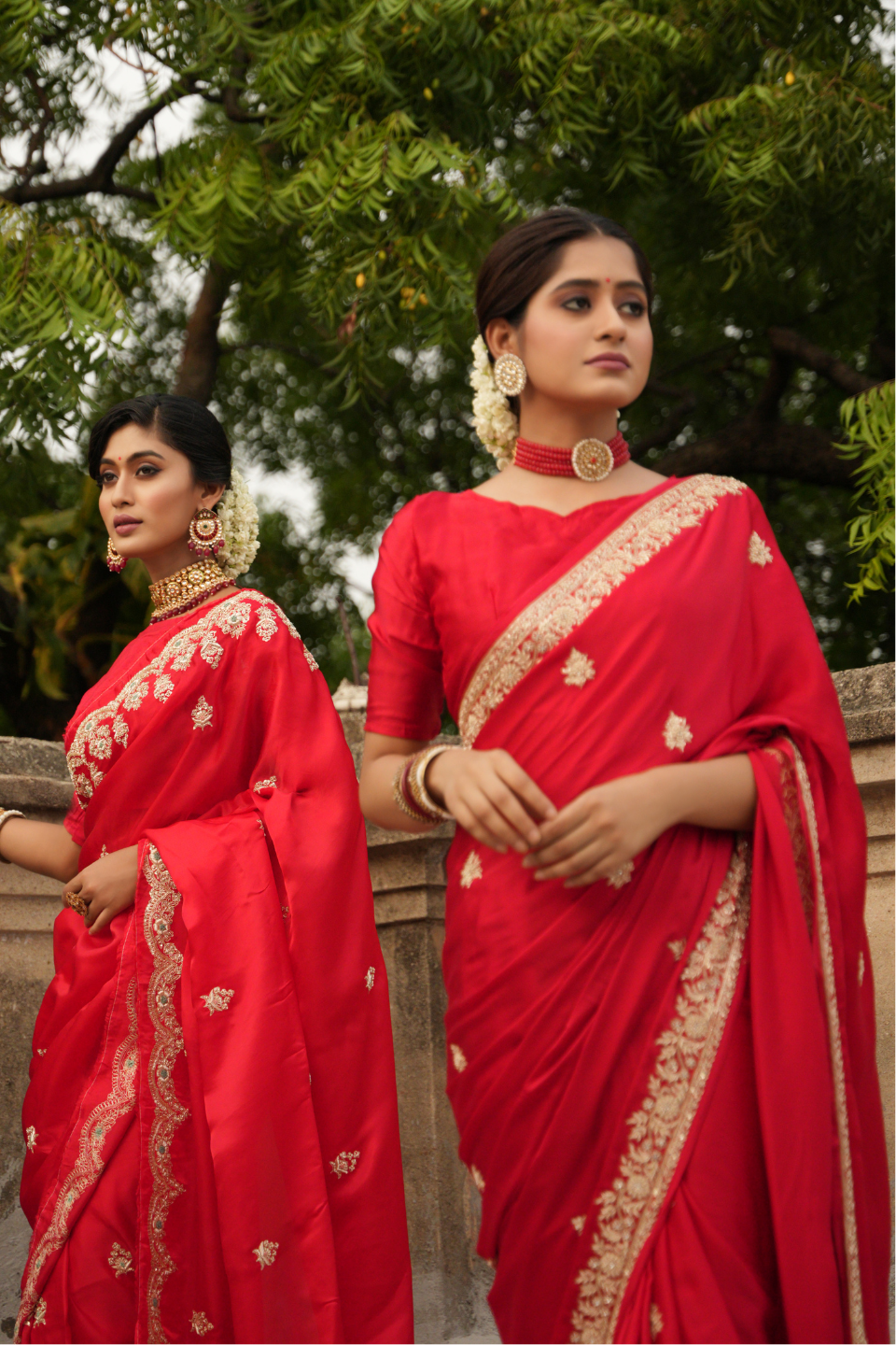 Scarlet Splendor: Red Satin Silk Saree with Zardozi Border & Buti Embellishments