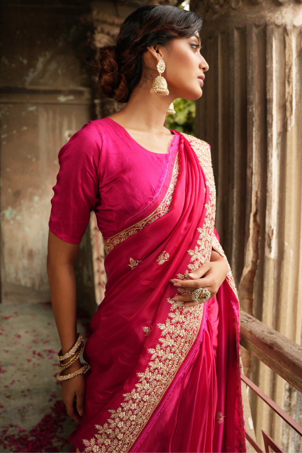 Royal Allure: Dark Pink/Rani Tissue Organza Saree Adorned with Pure Zardozi Buti