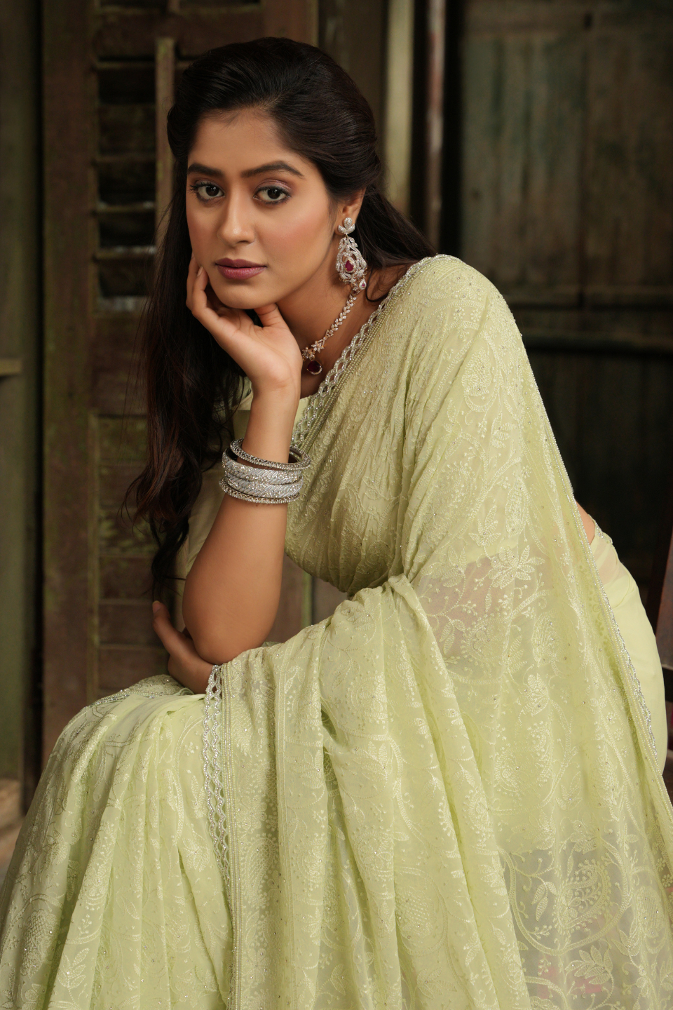 Verdant Charm: Lime Green Georgette Saree with Exquisite Lucknowi Work & Cutwork Border