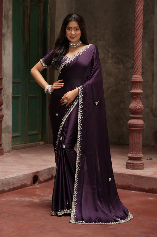 Regal Purple Saree with Heavy Zarkan & Cutdana Work on Satin Fabric