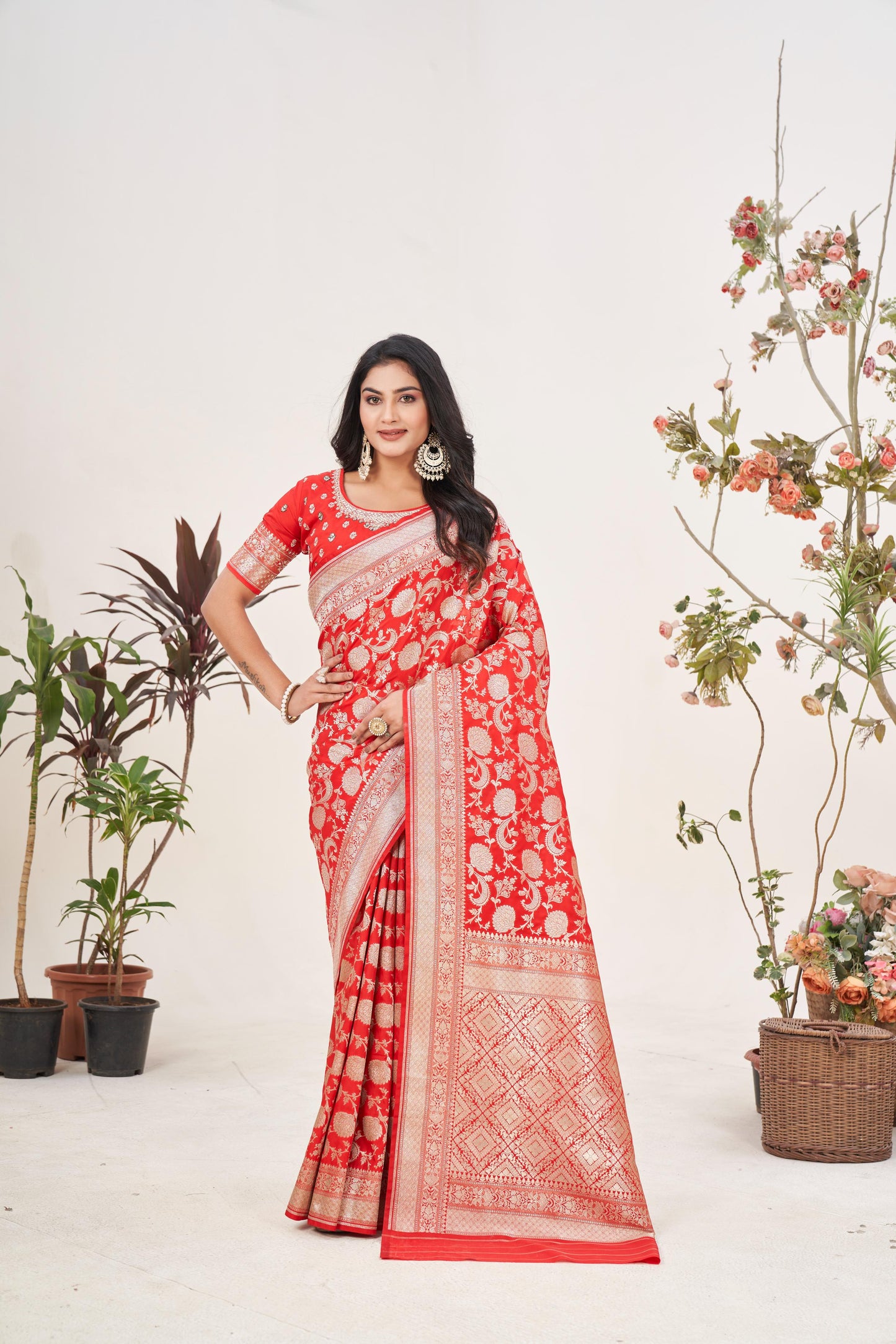 Regal Red Banarasi Silk Saree with Heavy Zardozi Work Blouse
