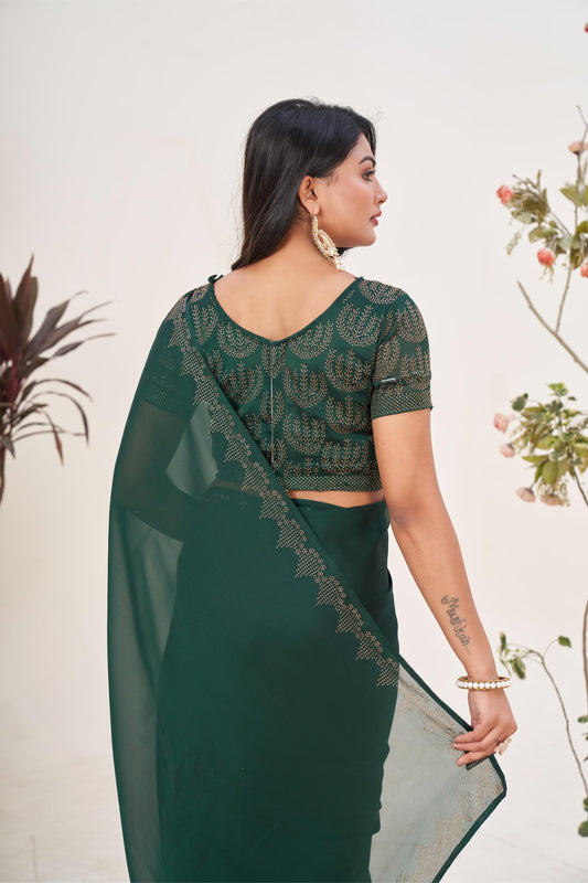 Regal Bottle Green Georgette Saree with Sarvoski Stone Border