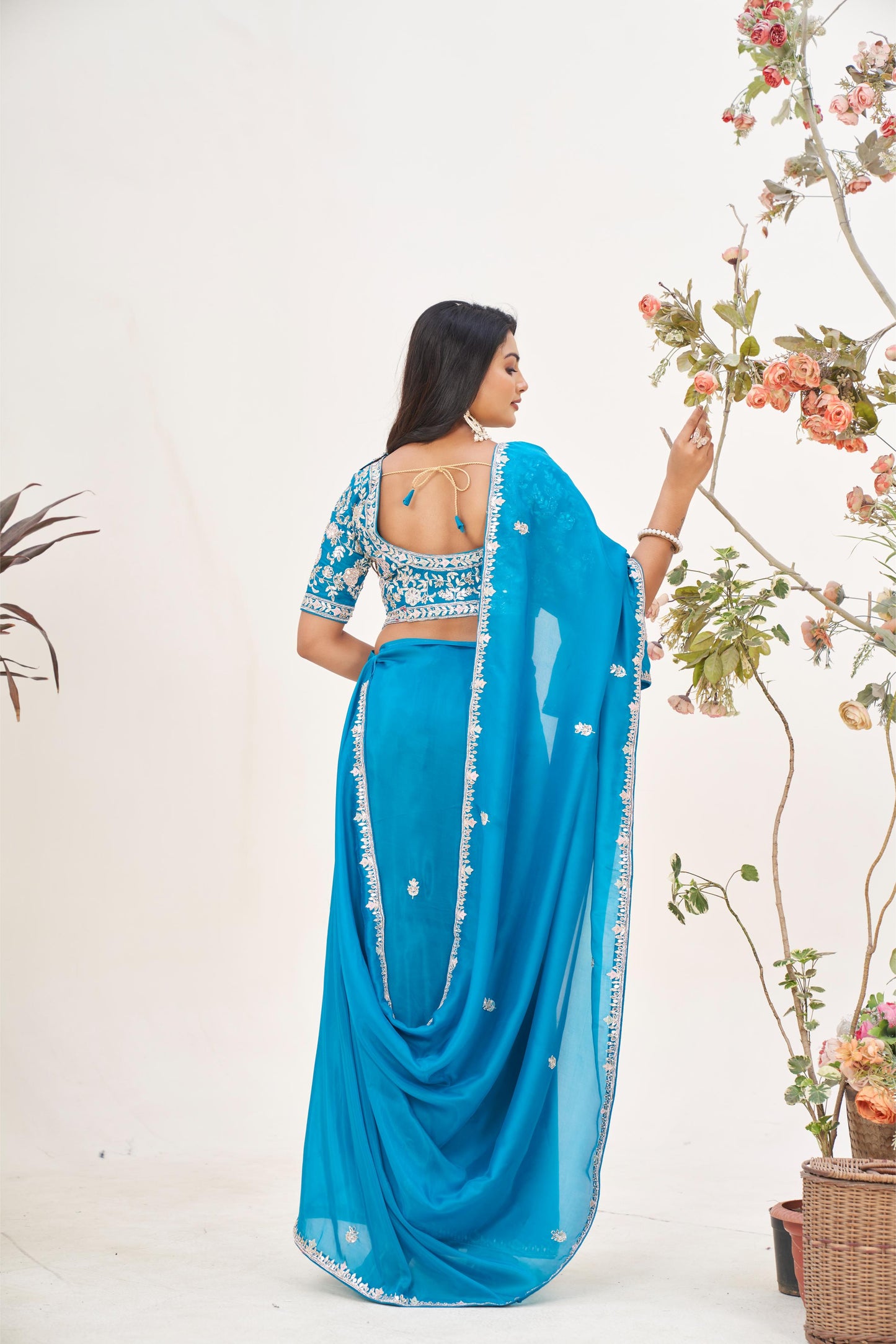 Chic Petrol Blue Tissue Organza Saree with Gotta Patti Border