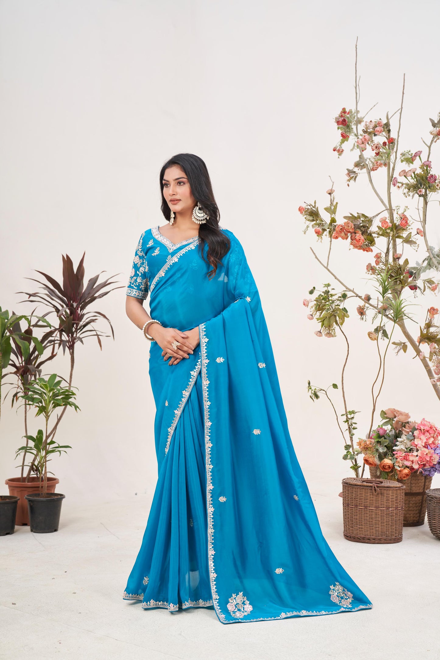 Chic Petrol Blue Tissue Organza Saree with Gotta Patti Border