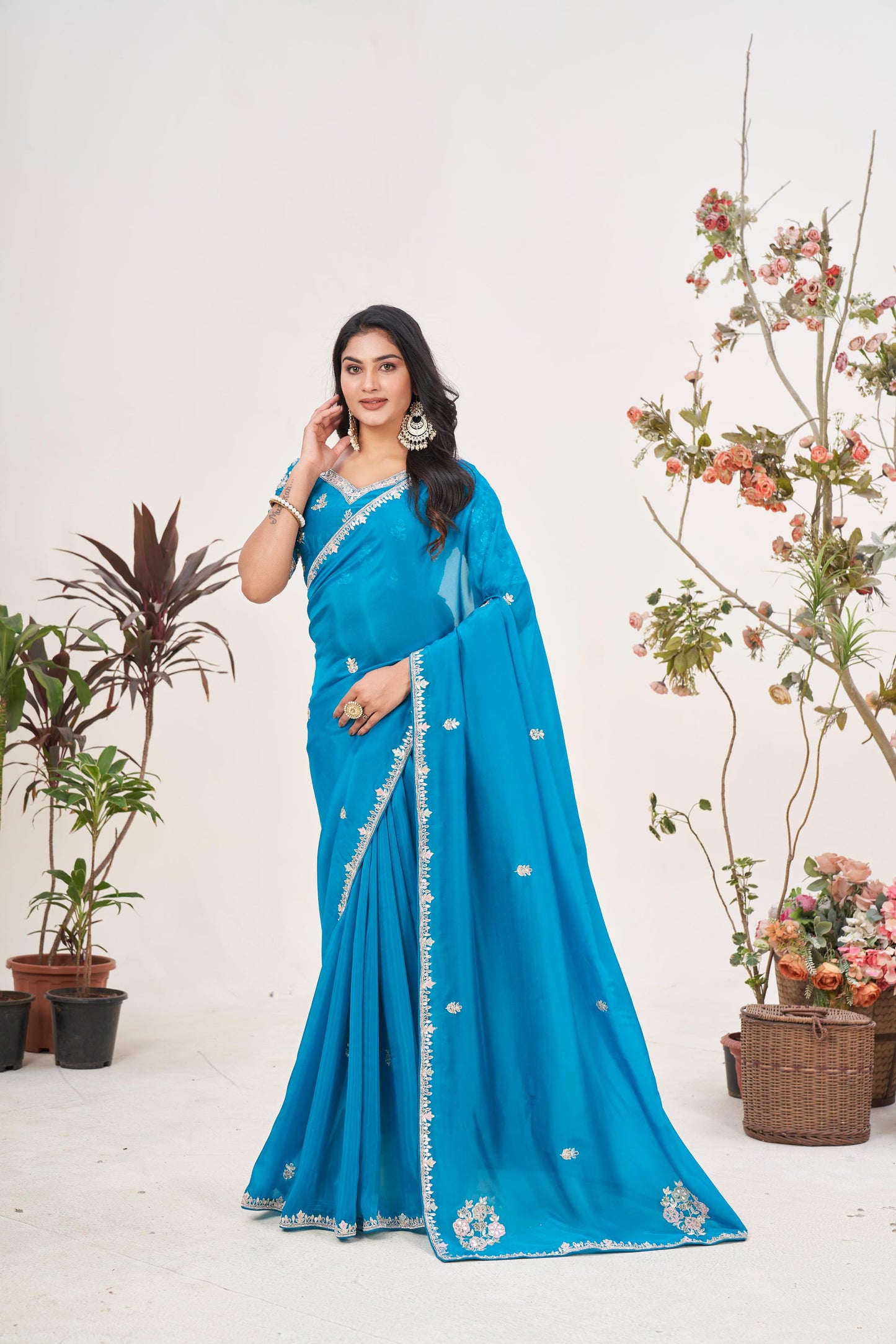 Chic Petrol Blue Tissue Organza Saree with Gotta Patti Border