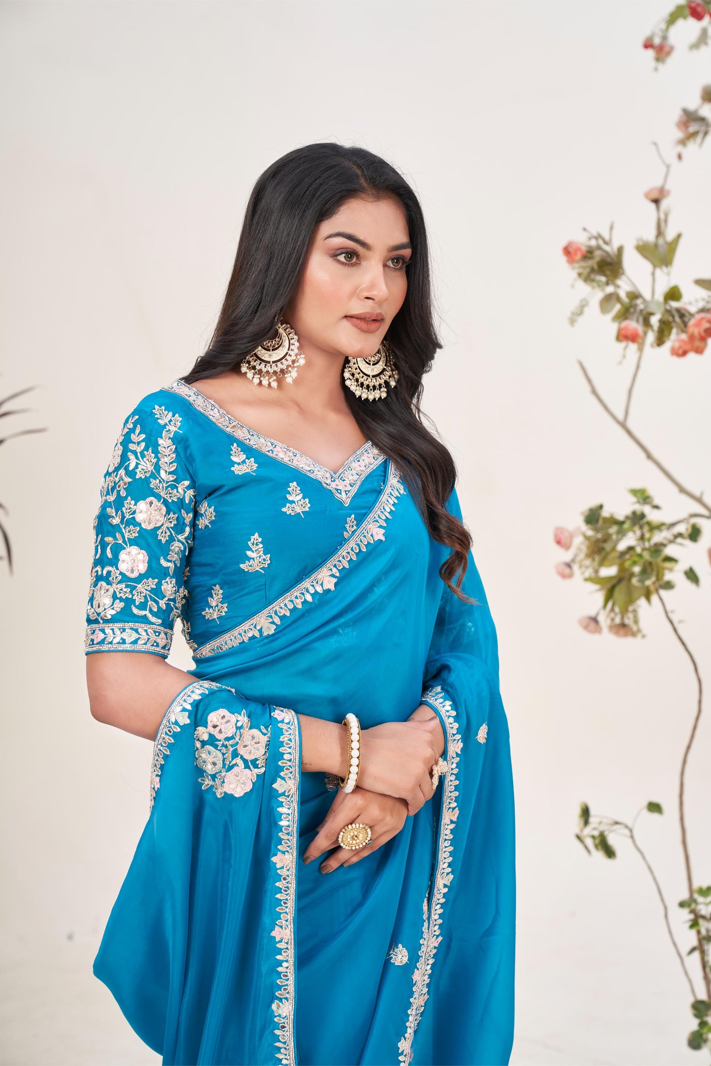 Chic Petrol Blue Tissue Organza Saree with Gotta Patti Border