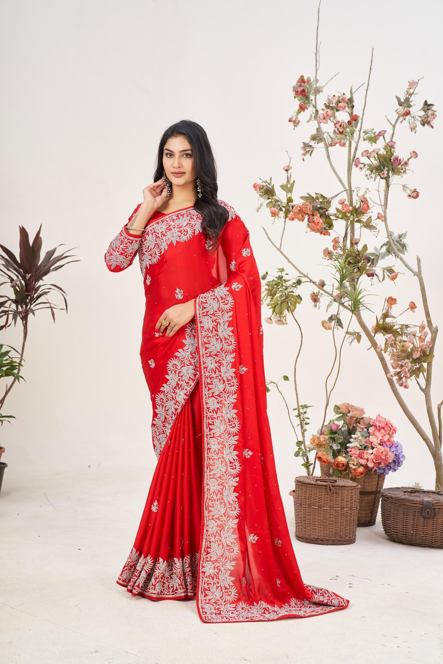 Timeless Red Satin Silk Saree with Zarkan Border