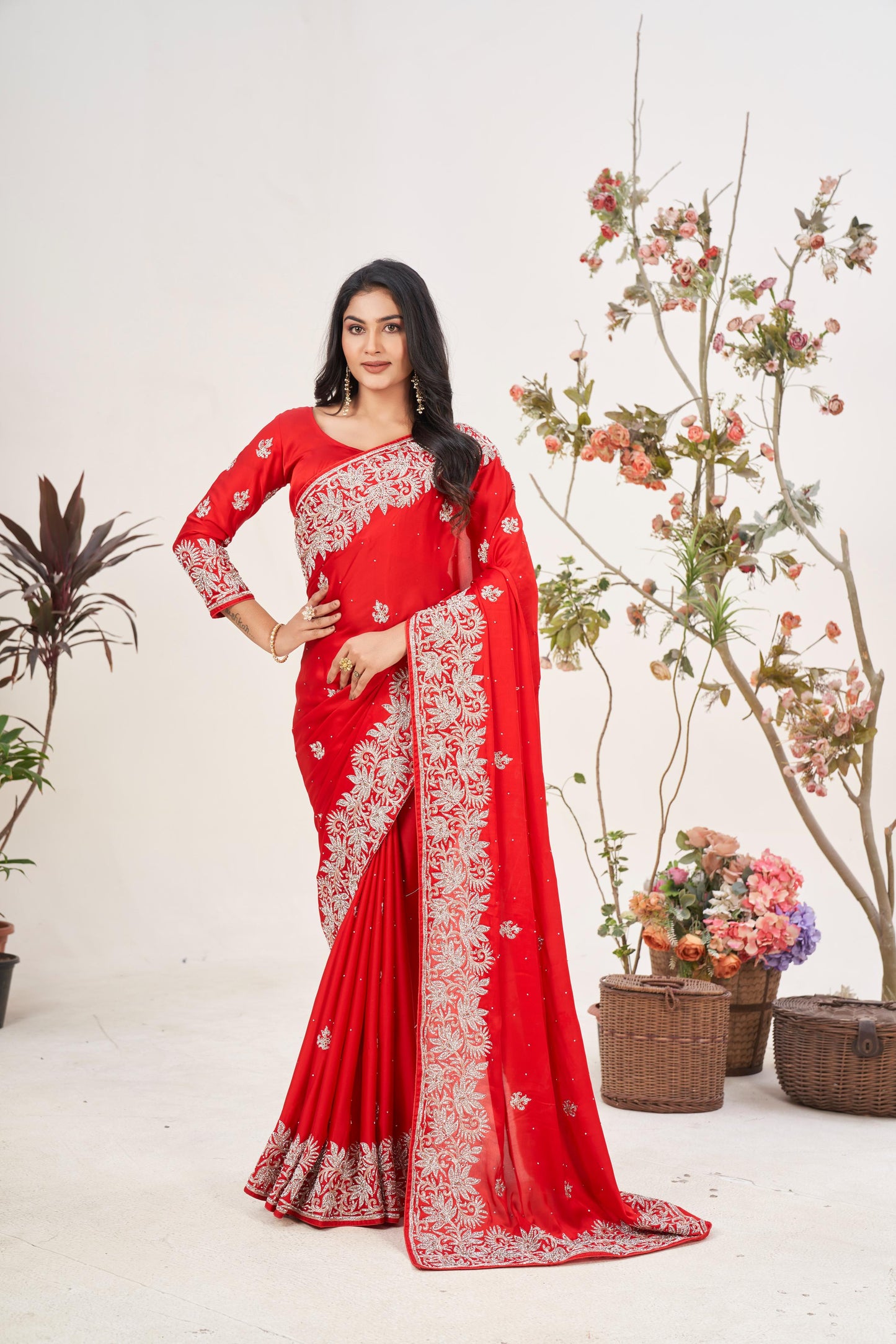 Timeless Red Satin Silk Saree with Zarkan Border