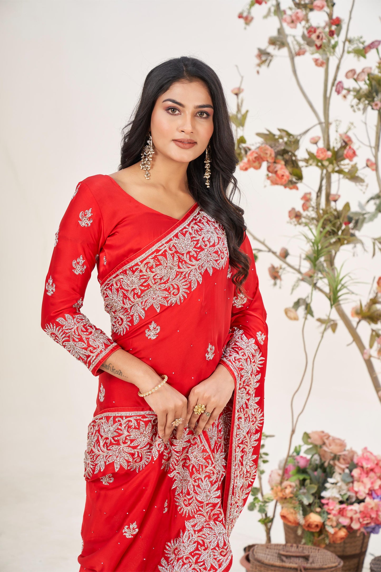 Timeless Red Satin Silk Saree with Zarkan Border