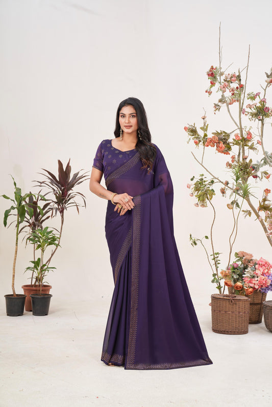 Regal Purple Wine Georgette Saree with Sarvoski Stone Border