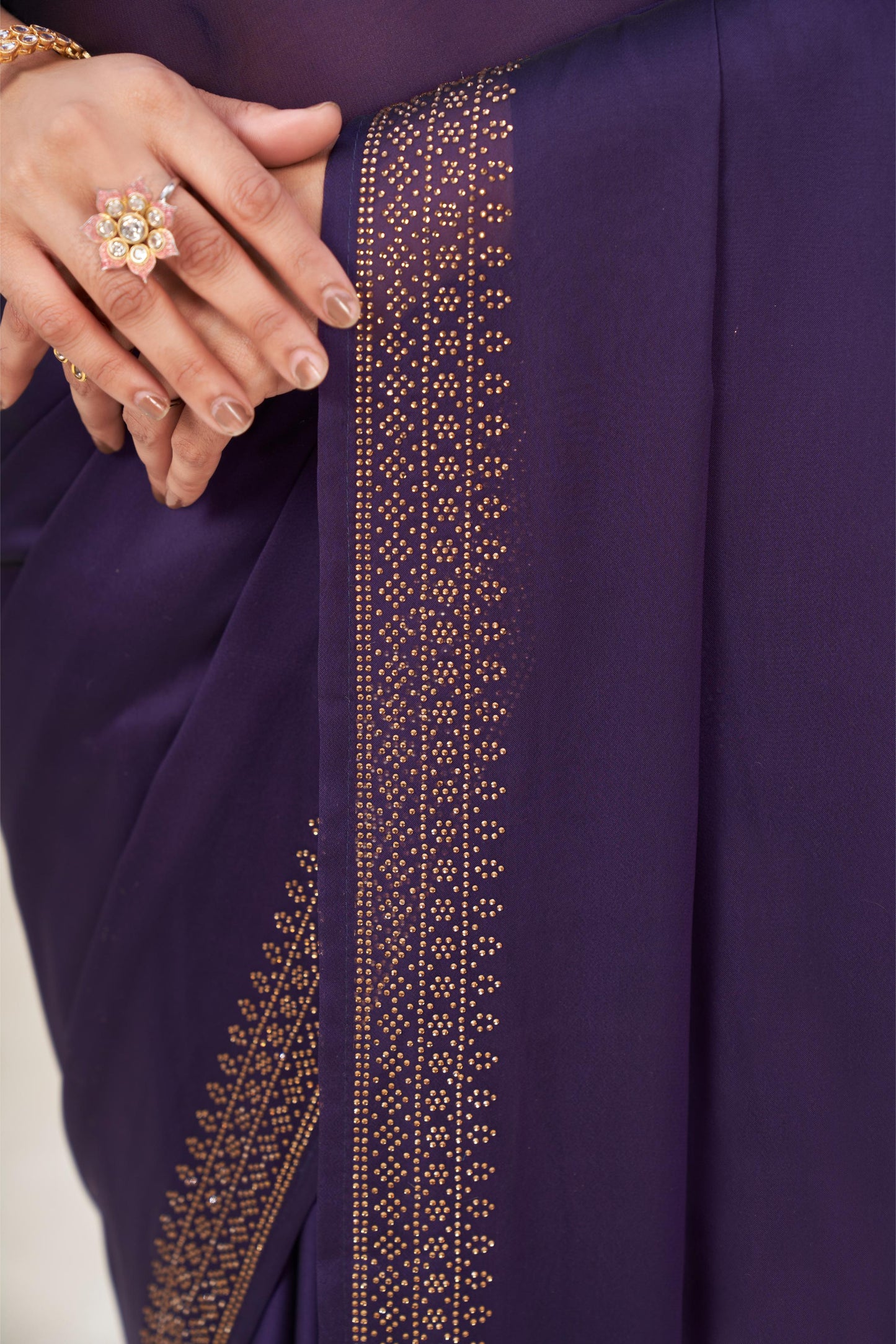 Regal Purple Wine Georgette Saree with Sarvoski Stone Border