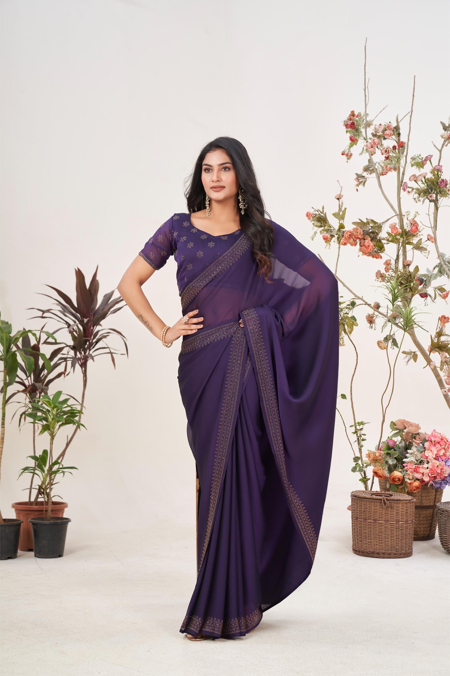 Regal Purple Wine Georgette Saree with Sarvoski Stone Border