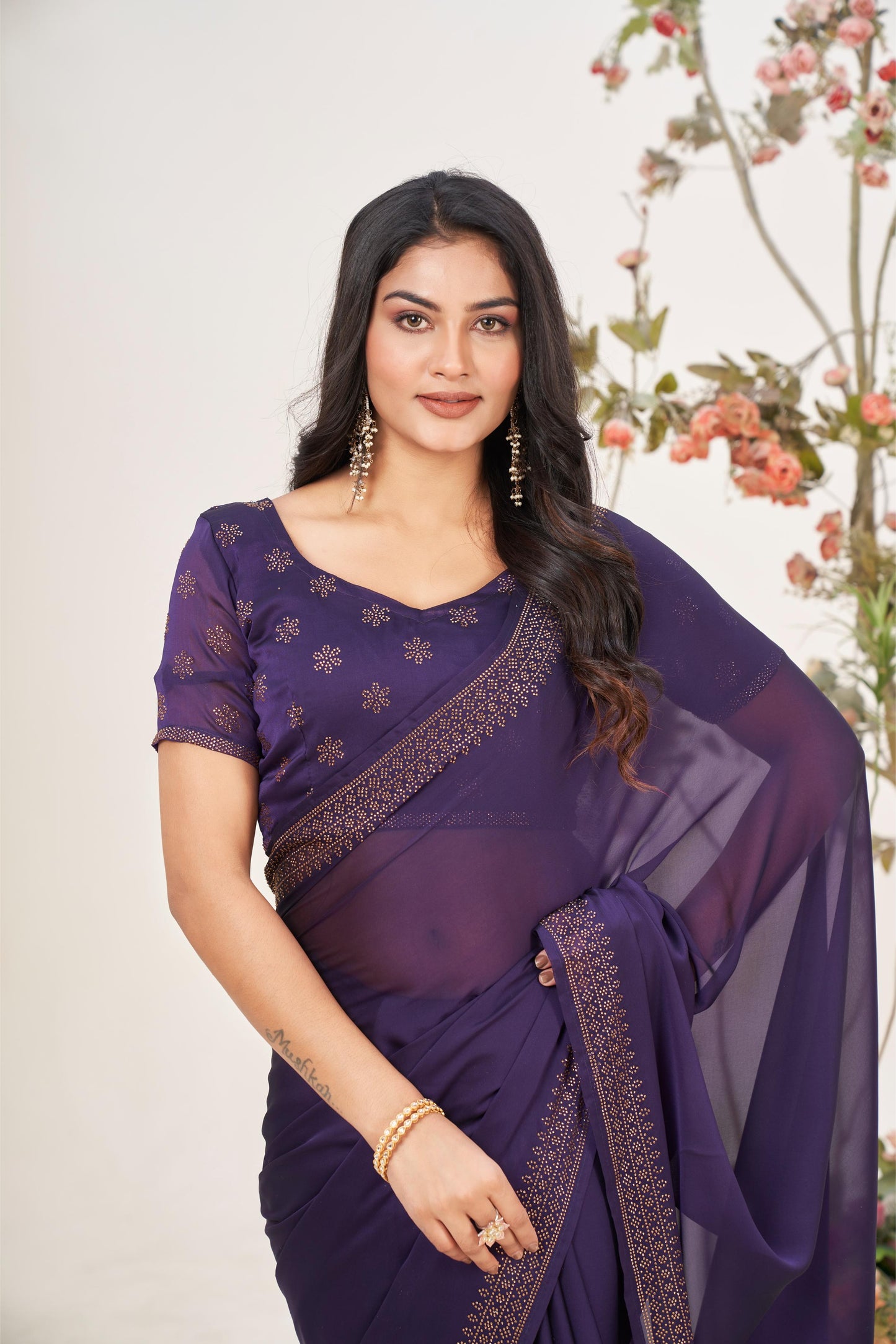 Regal Purple Wine Georgette Saree with Sarvoski Stone Border