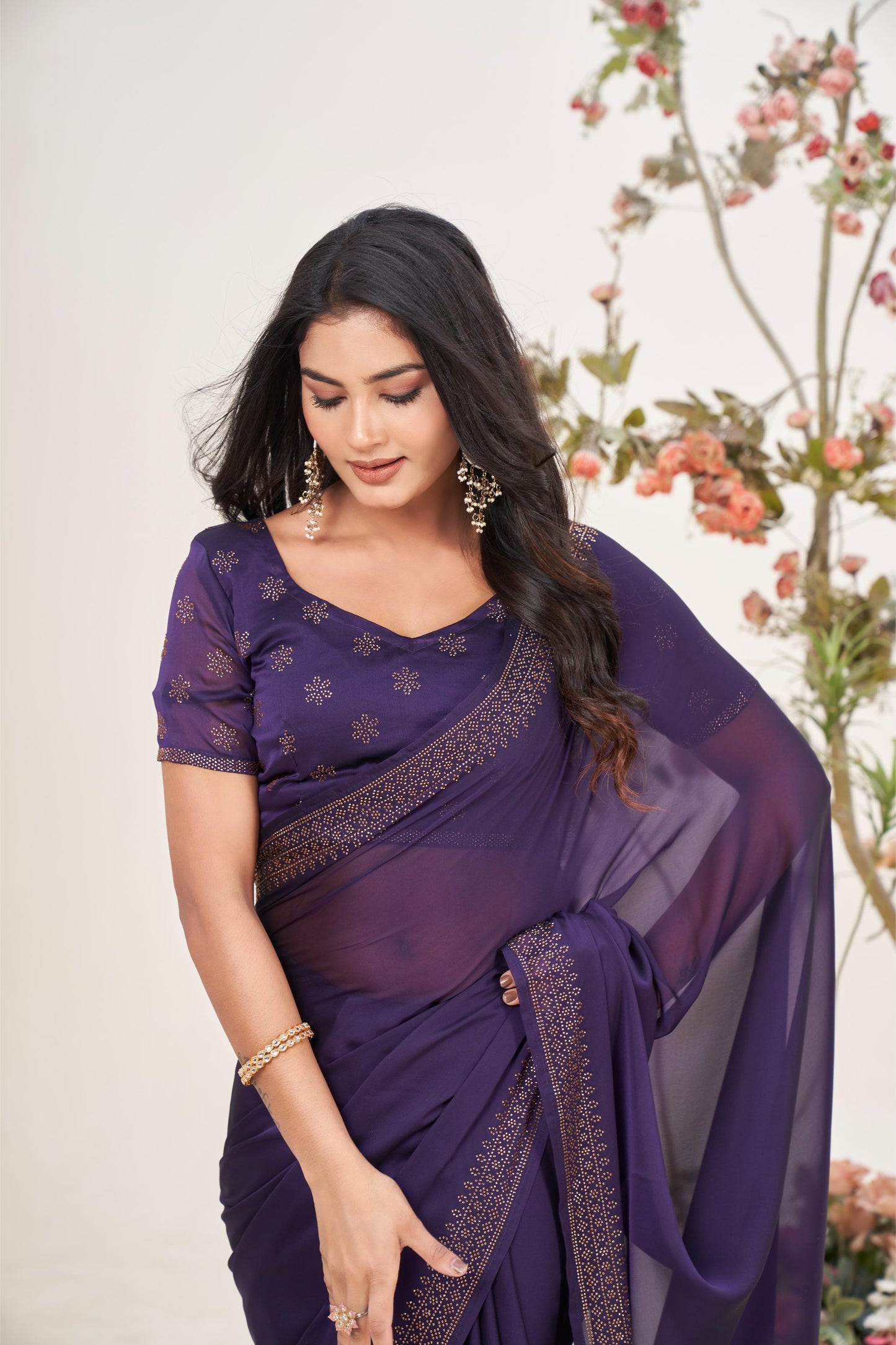 Regal Purple Wine Georgette Saree with Sarvoski Stone Border