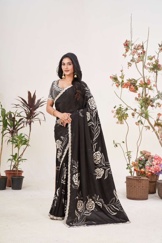 Elegant Black Tissue Organza Saree with Sequins and Katdana Work