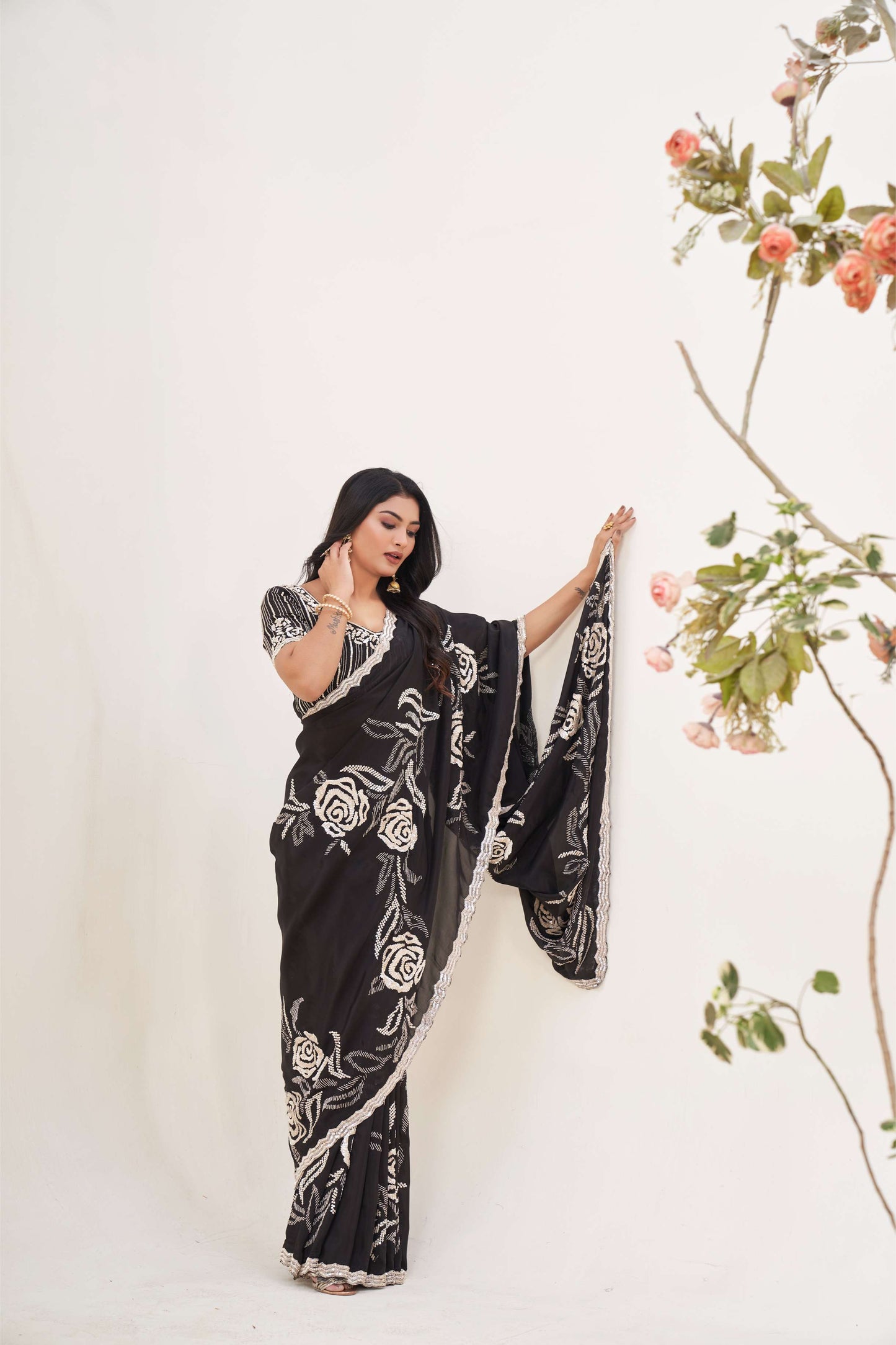 Elegant Black Tissue Organza Saree with Sequins and Katdana Work